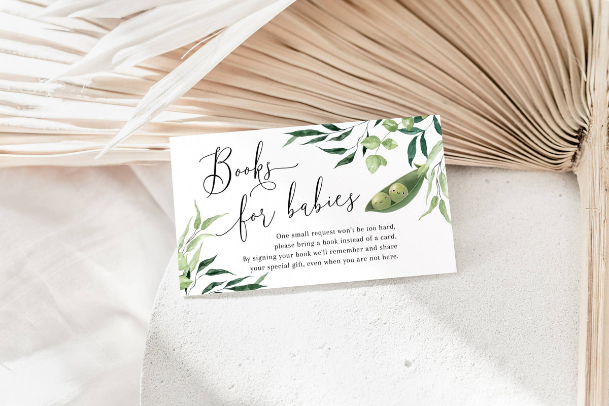 twin, neutral and green books for baby card and sign for a baby shower book request