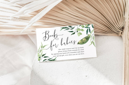 twin, neutral and green books for baby card and sign for a baby shower book request