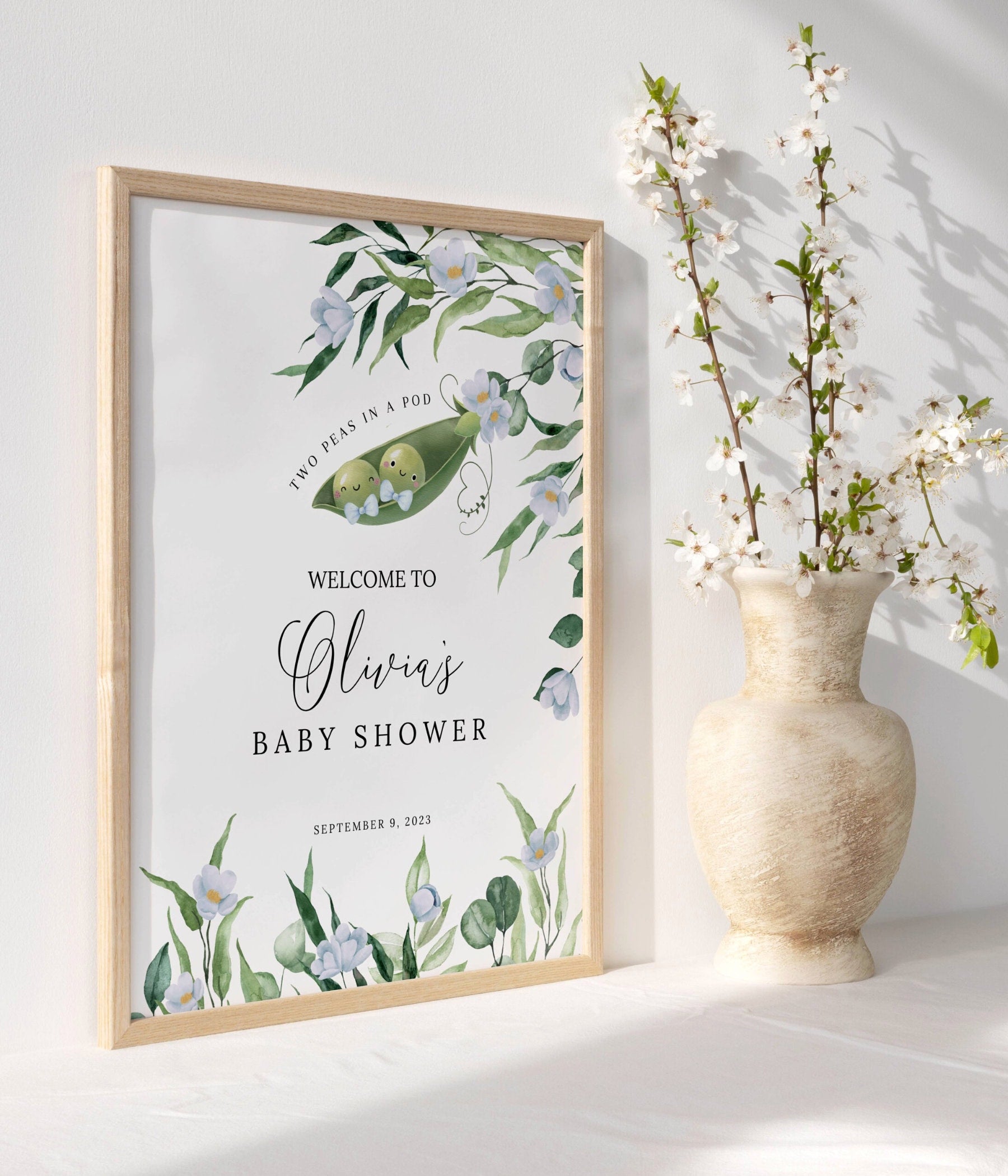 twin, floral and blue baby shower welcome sign printable for a themed celebration