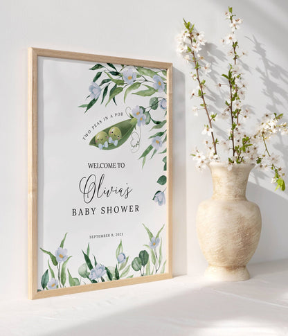 twin, floral and blue baby shower welcome sign printable for a themed celebration