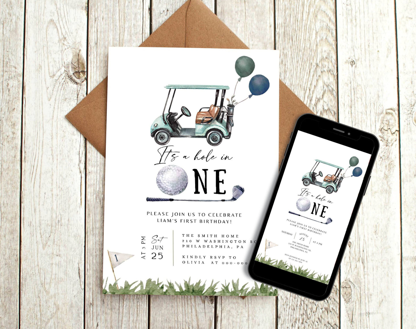 Golf 1st Birthday Invitation for 1st birthday guests and party details