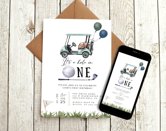 Golf 1st Birthday Invitation for 1st birthday guests and party details