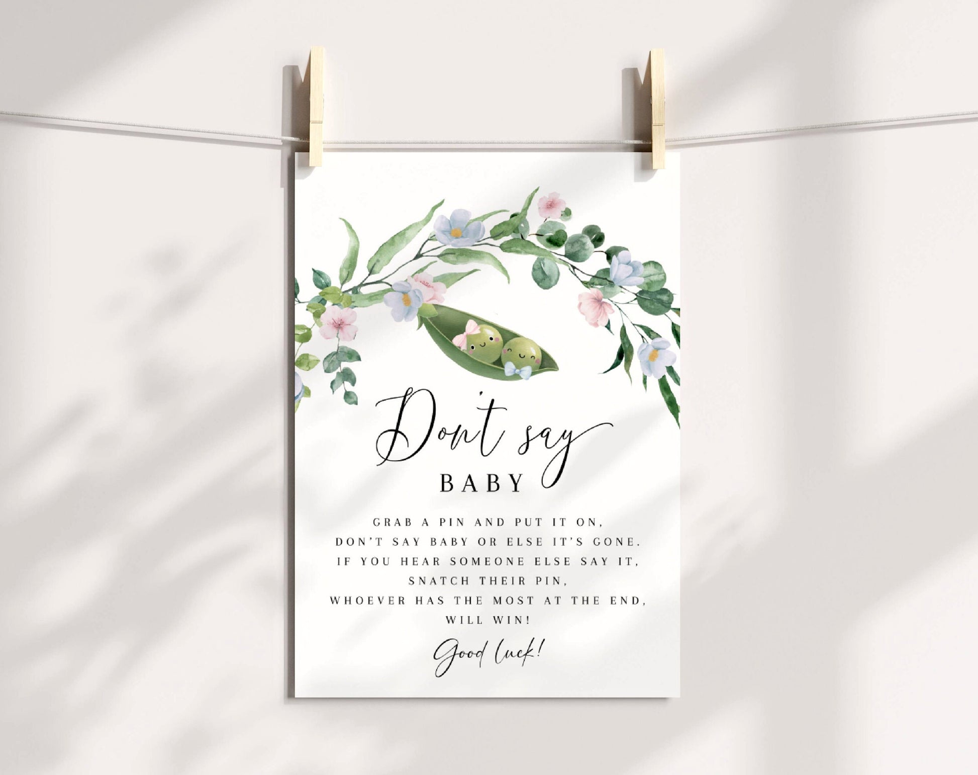 twin, neutral and blue don't say baby game template for a personalized baby shower