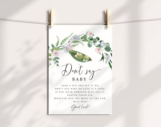 twin, neutral and blue don't say baby game template for a personalized baby shower