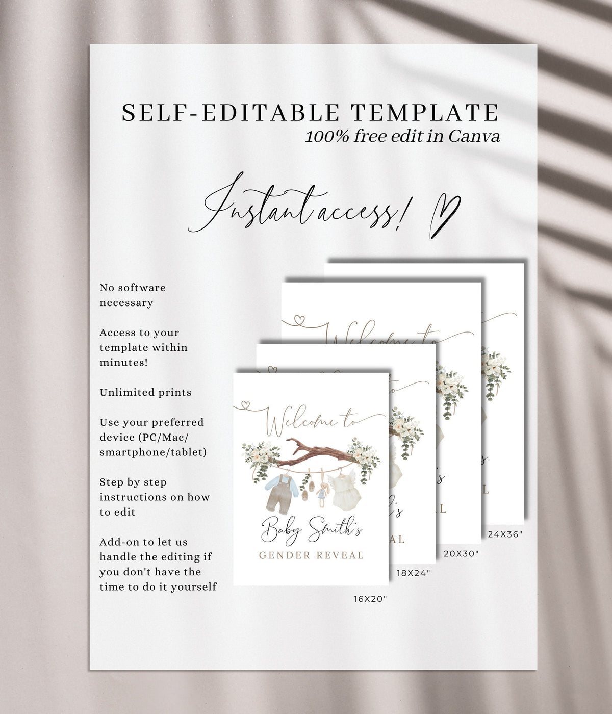 Information about editing the gender reveal welcome sign in Canva, with four printable sign sizes