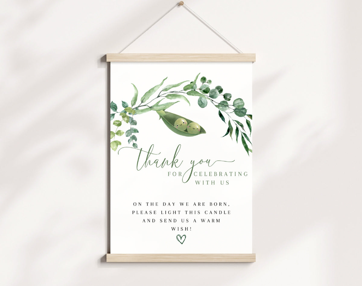 Editable details of two peas in a pod twin baby shower thank you sign