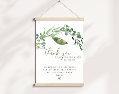 Editable details of two peas in a pod twin baby shower thank you sign