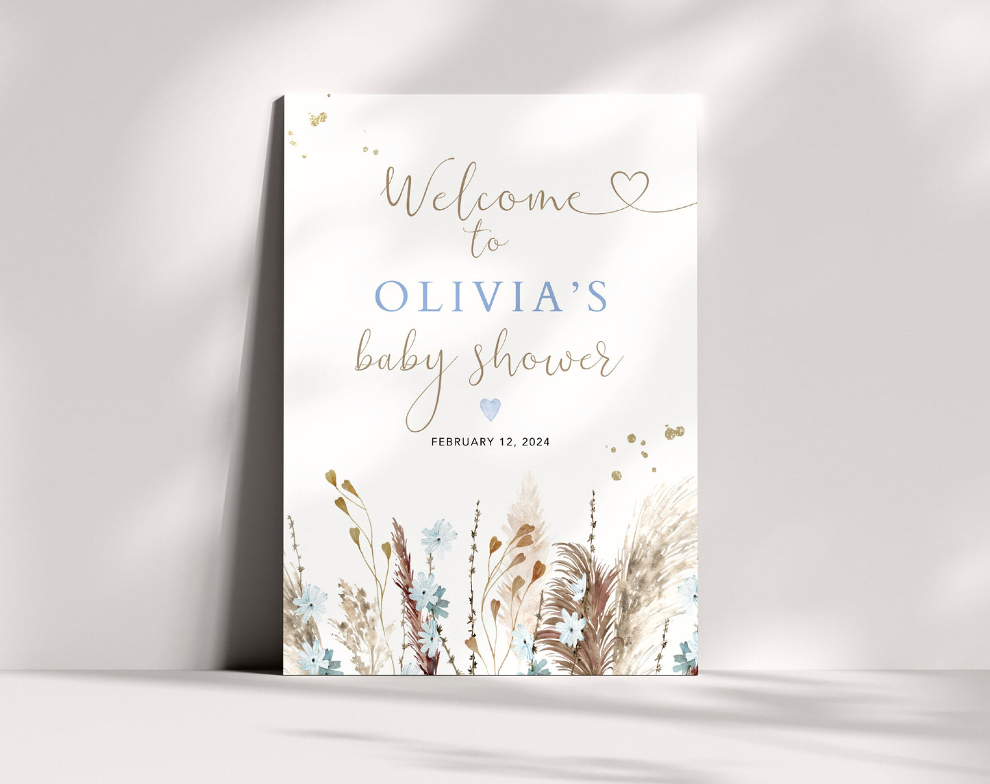floral, boho and blue baby shower welcome sign printable for a themed celebration