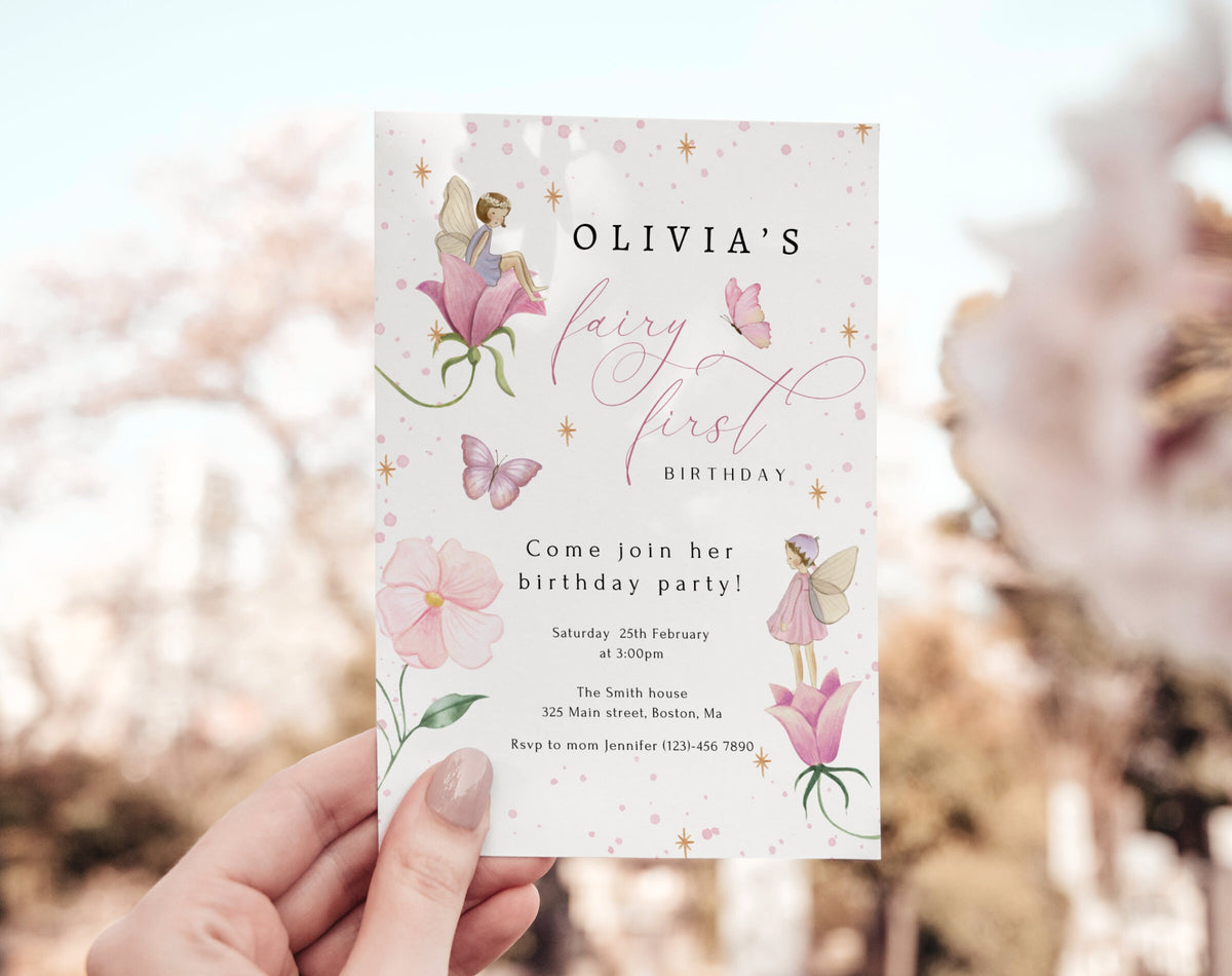 Preview of whimsical fairy first birthday invitation with pink flowers and butterflies