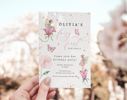 Preview of whimsical fairy first birthday invitation with pink flowers and butterflies