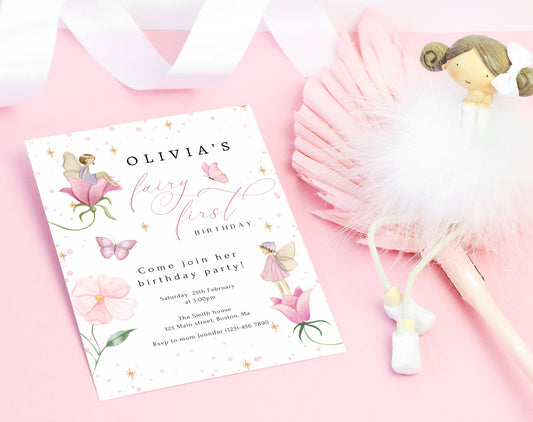 Editable details of whimsical fairy first birthday invitation with pink flowers and butterflies