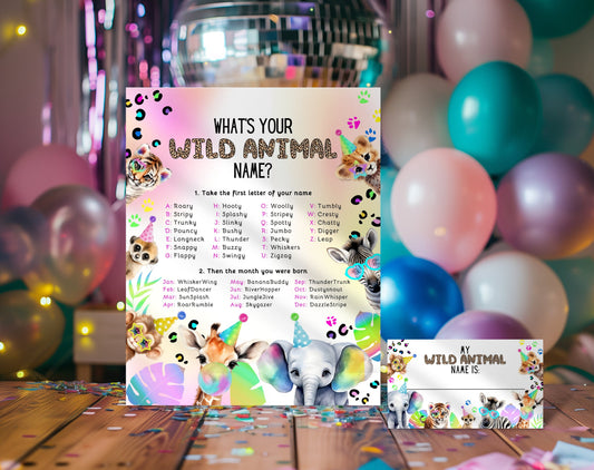 Safari birthday What's Your Animal Name game sign printable design preview