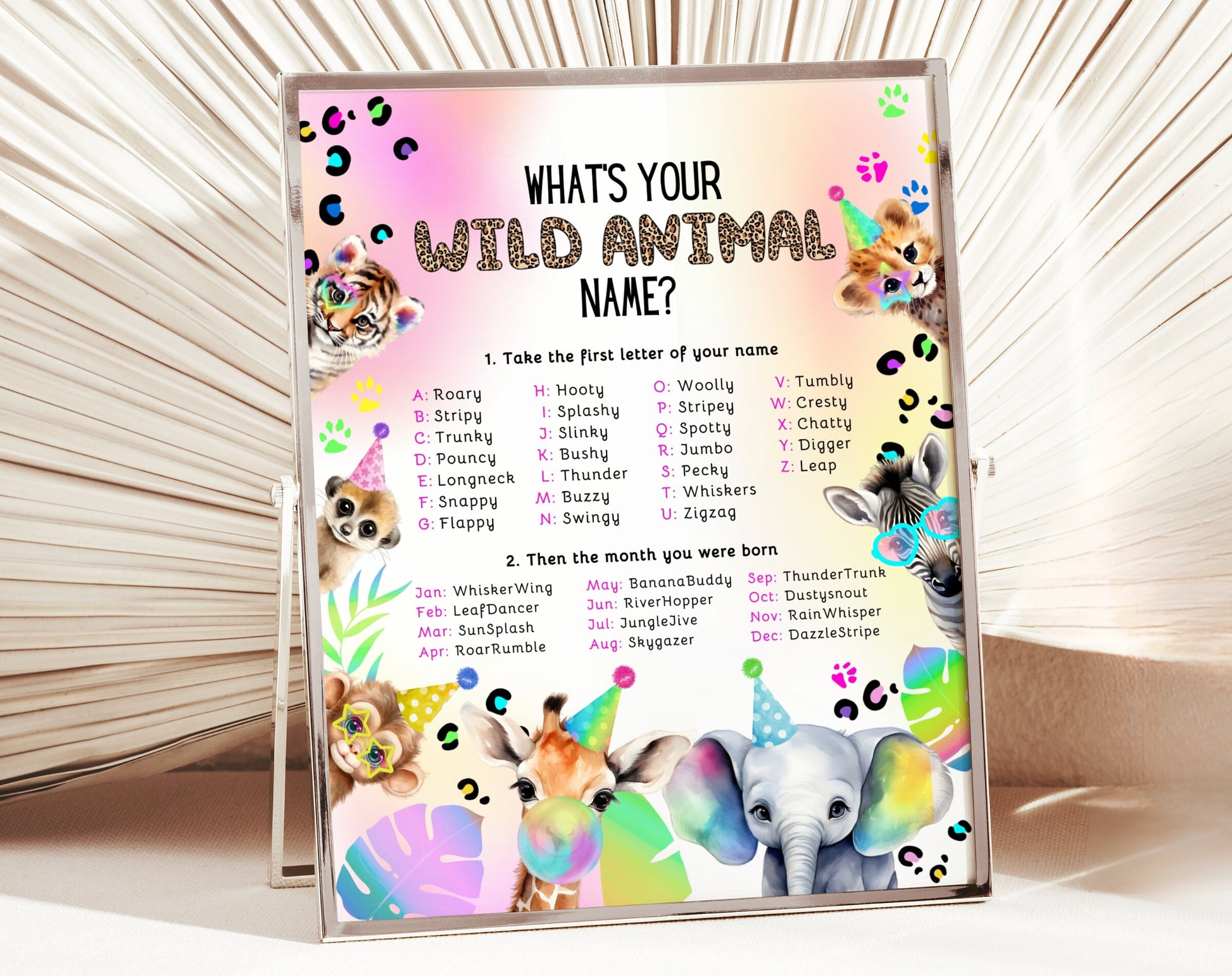 Safari birthday What's Your Animal Name game sign ready-to-print digital file
