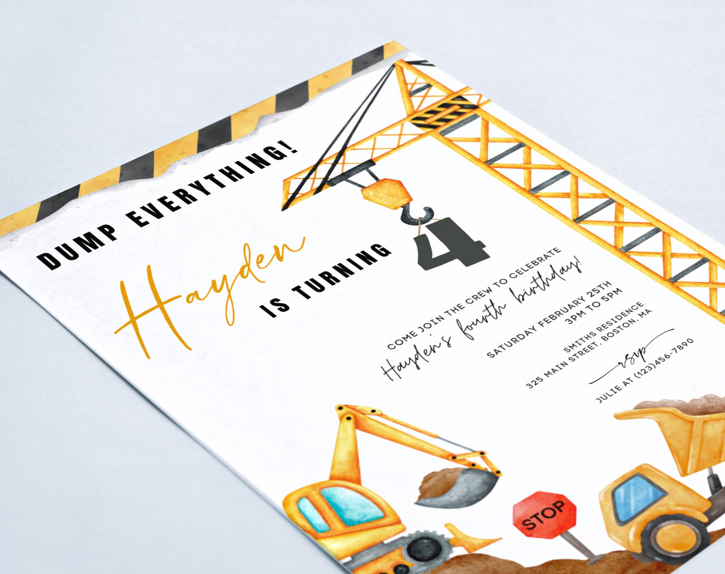 4th birthday, excavator and boho birthday boy invite for a personalized celebration