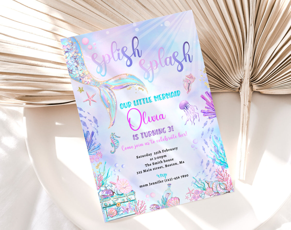 Editable details of splish splash mermaid 1st birthday invitation
