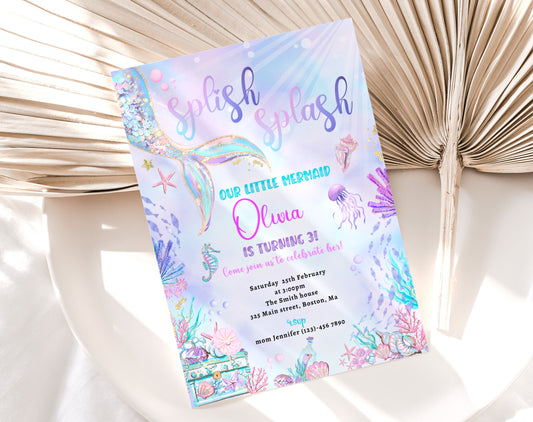 Editable details of splish splash mermaid 1st birthday invitation