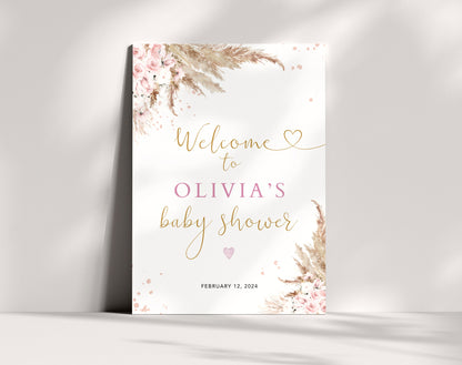 boho, floral and pink baby shower welcome sign printable for a themed celebration