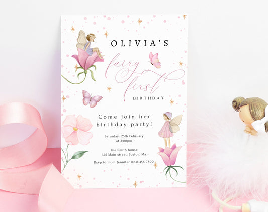 Whimsical fairy first birthday invitation with pink flowers and butterflies