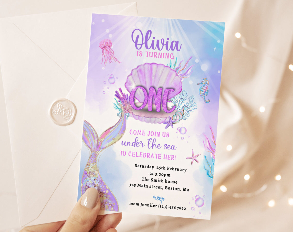 Preview of under the sea mermaid 1st birthday invitation
