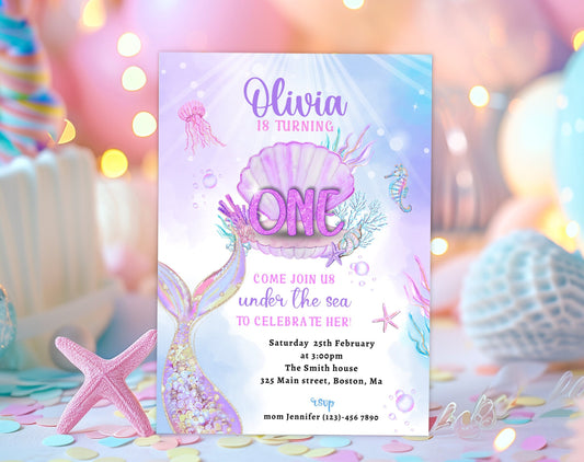 Under the Sea mermaid 1st birthday invitation