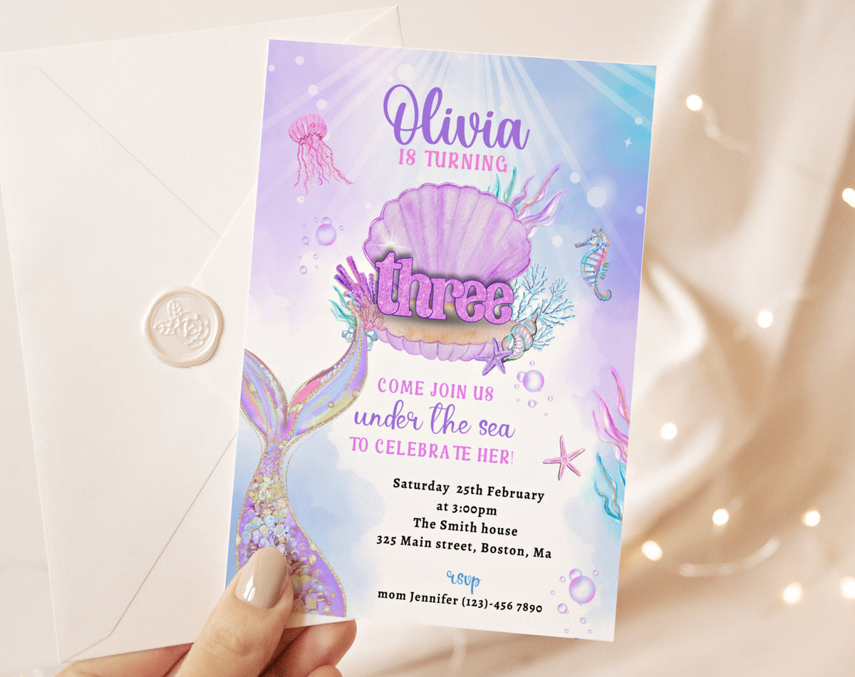 Preview of mermaid 3rd birthday invitation