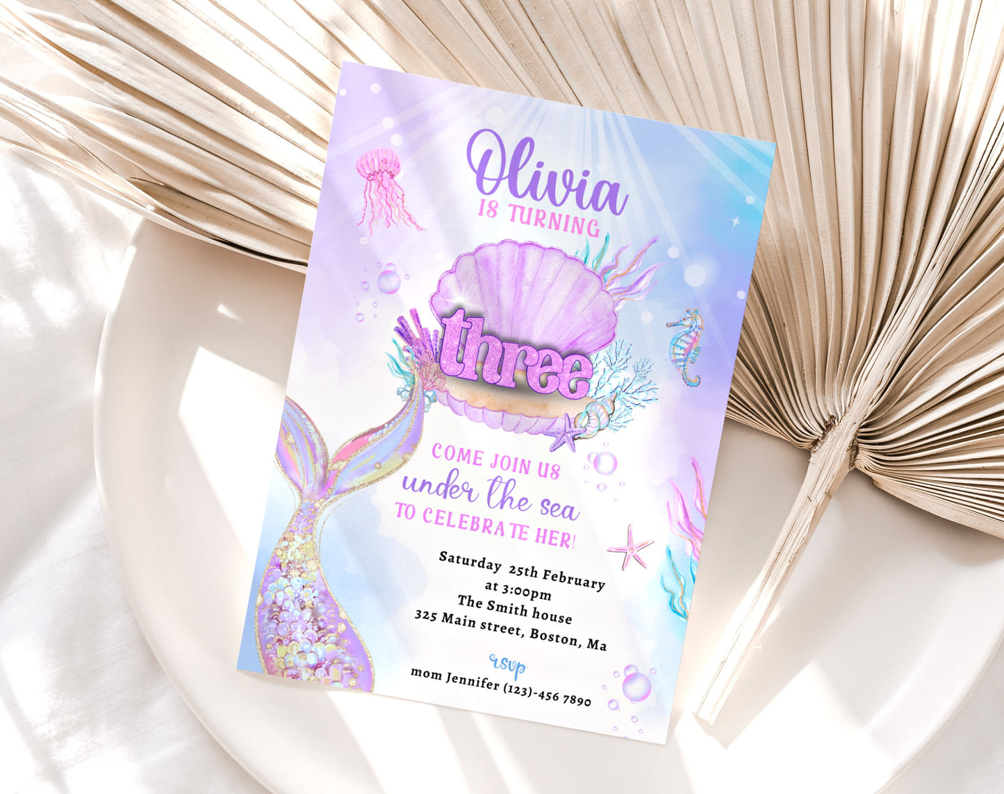 Mermaid 3rd birthday invitation