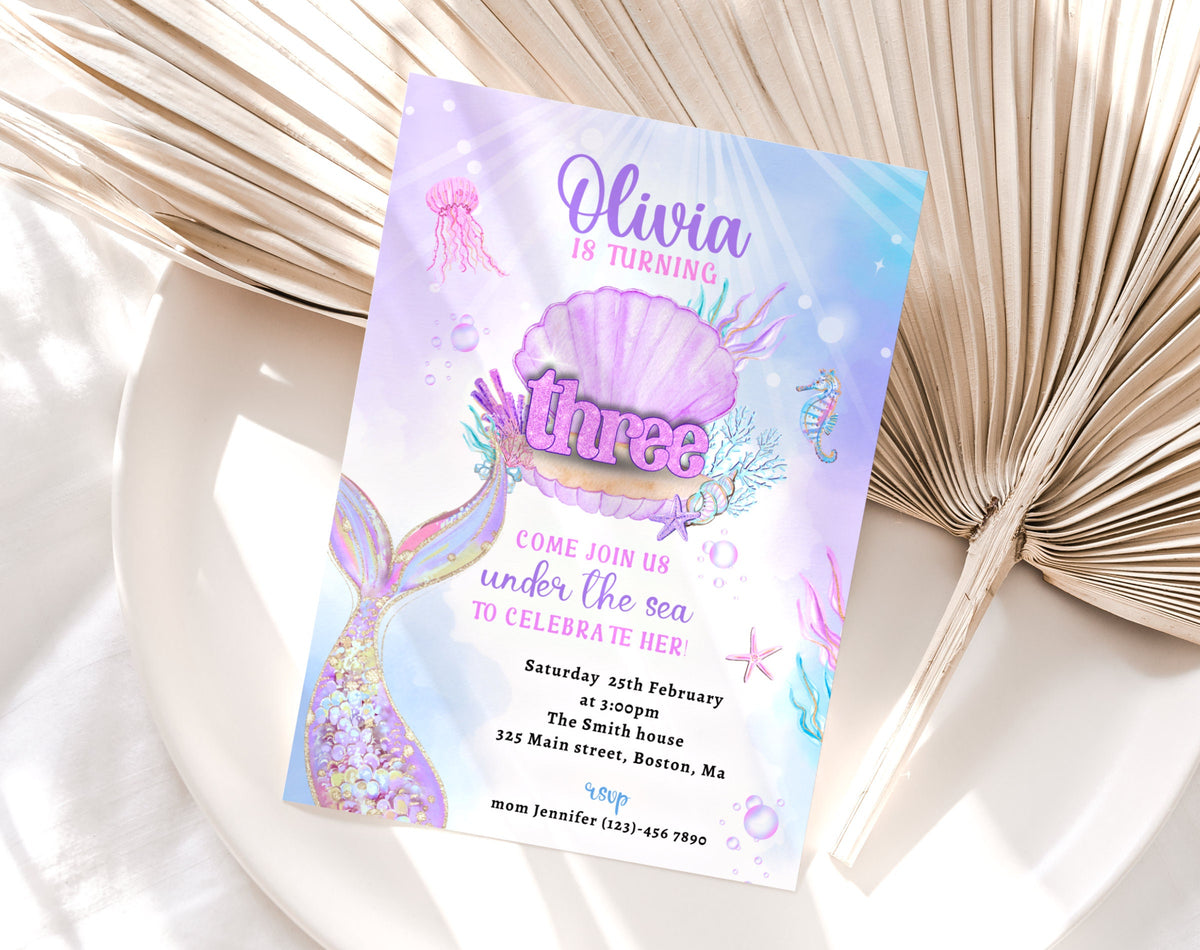 Mermaid 3rd birthday invitation