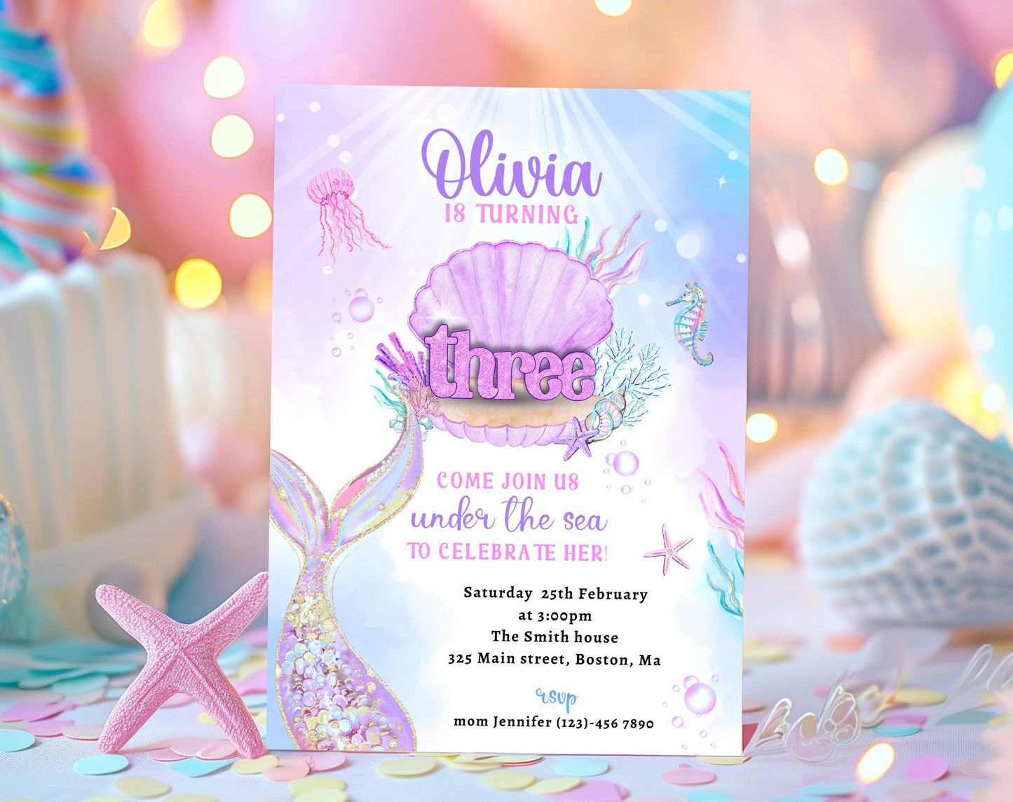Mermaid 3rd birthday invitation