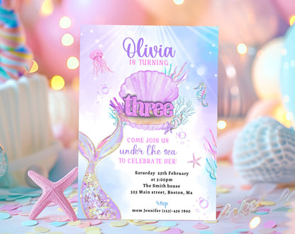 Mermaid 3rd birthday invitation