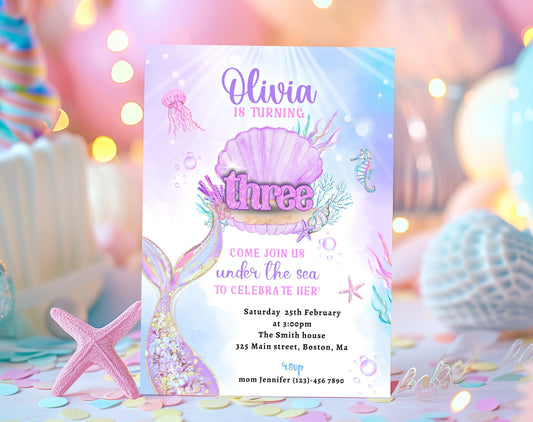 Mermaid 3rd birthday invitation