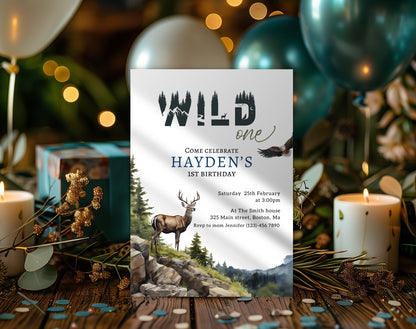 Woodland 1st Birthday Boy Invitation for 1st birthday boy guests and party details