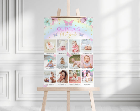 floral, pink and pink butterfly milestone board template for a personalized birthday