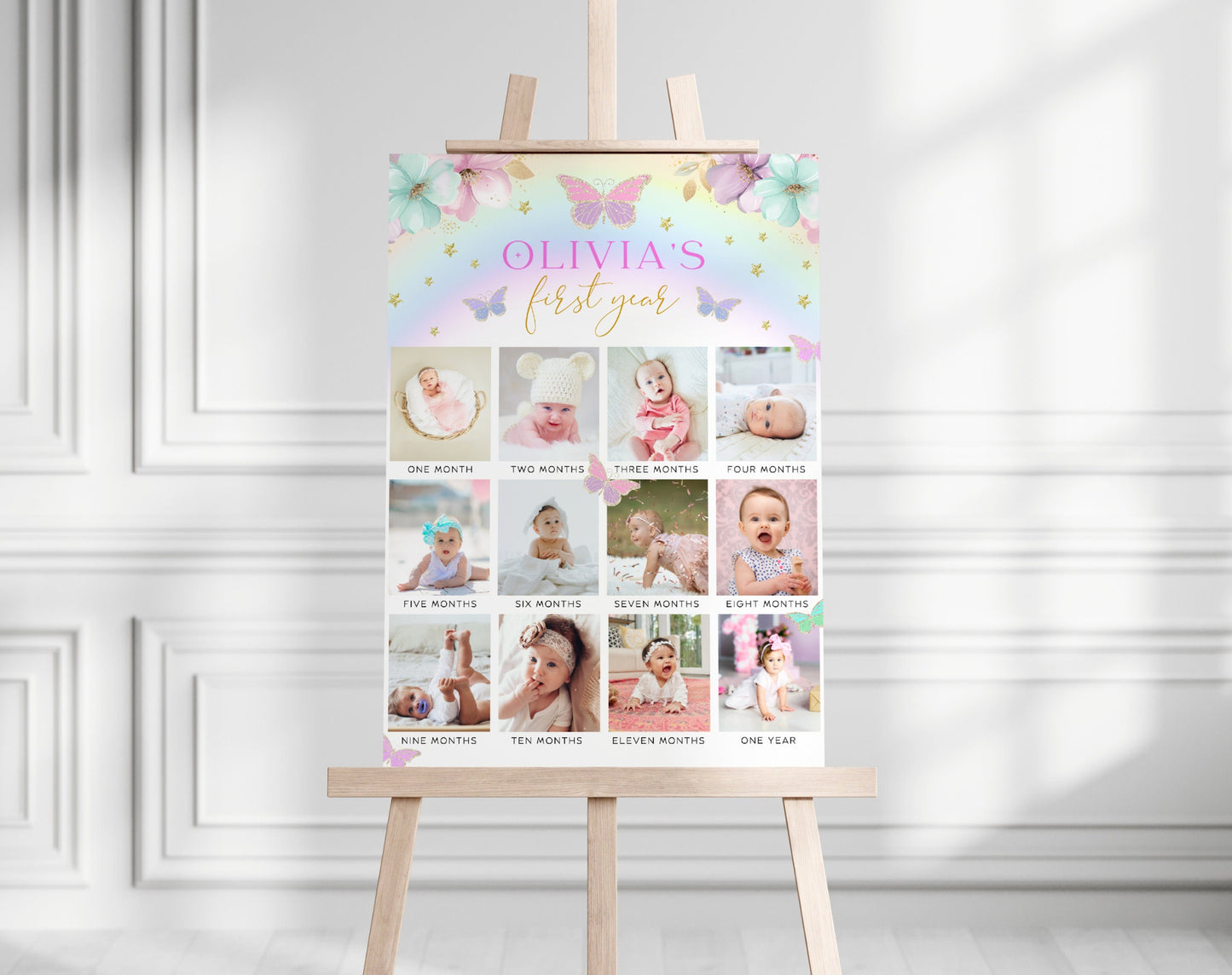 floral, pink and pink butterfly milestone board template for a personalized birthday