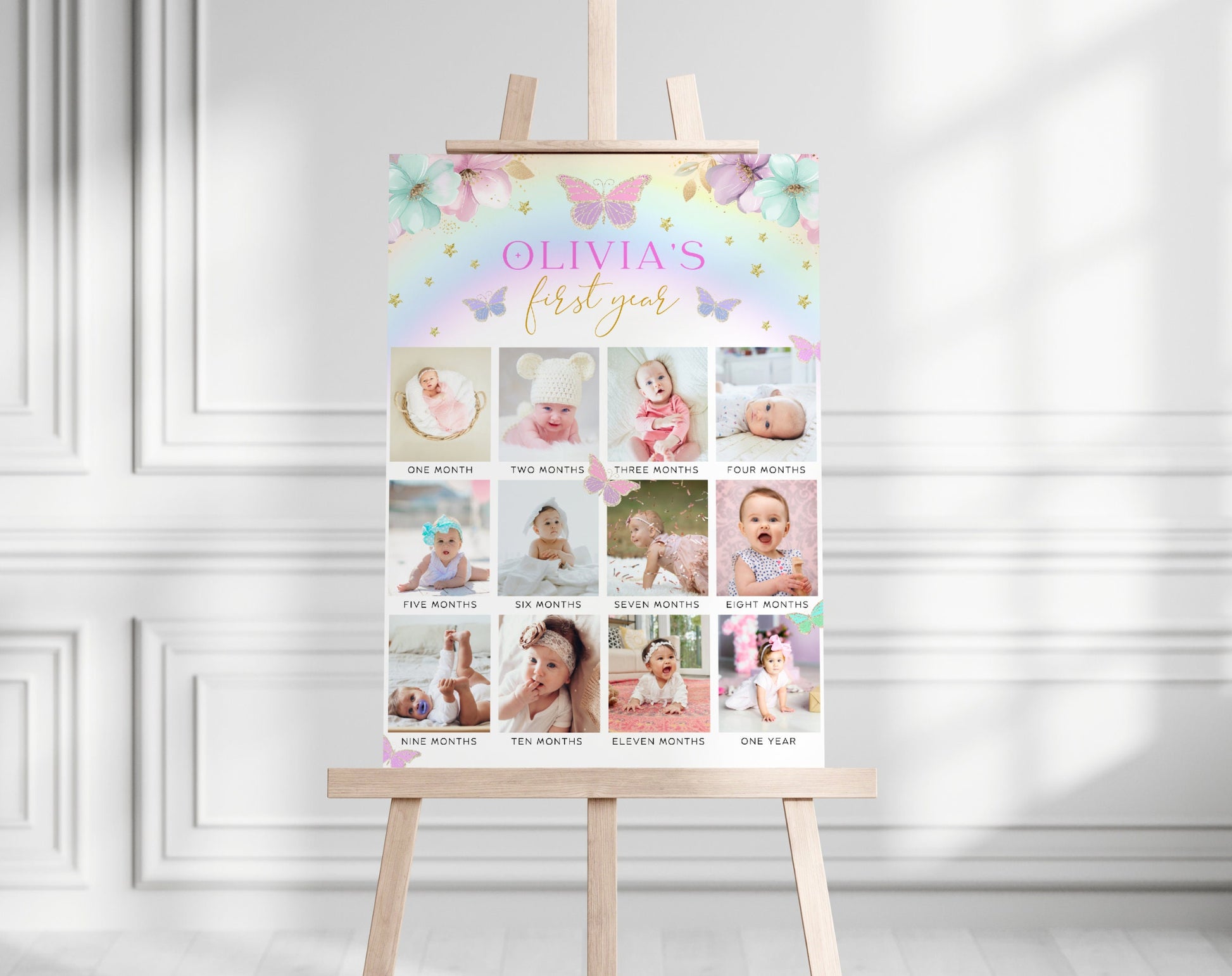 floral, pink and pink butterfly milestone board template for a personalized birthday