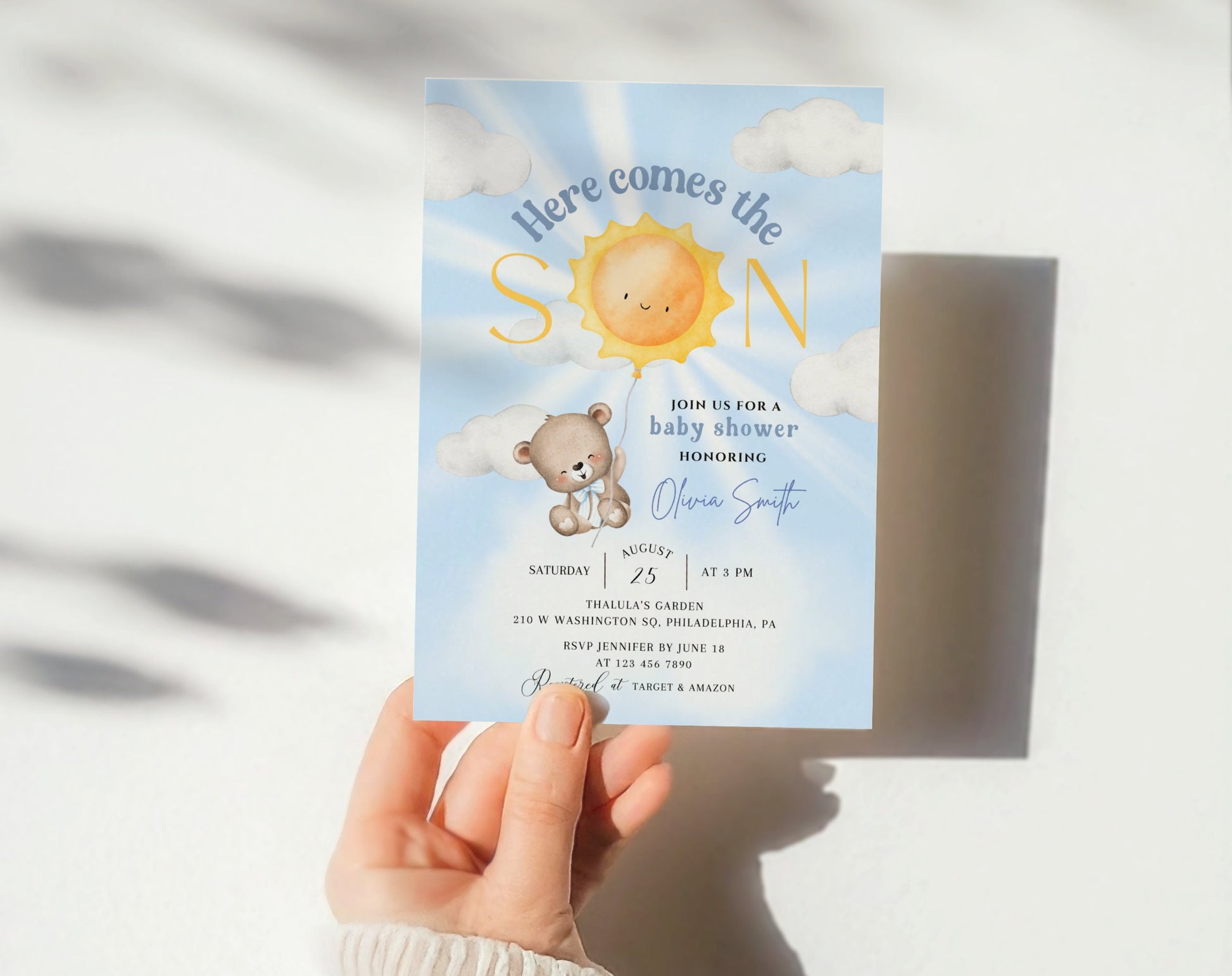 oh boy, teddy bear and blue baby shower invite for a personalized celebration