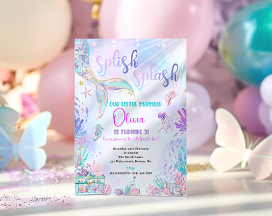 Splish Splash mermaid 1st birthday invitation