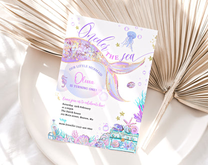 Pastel Under the Sea Mermaid 1st Birthday Invitation, editable Canva template