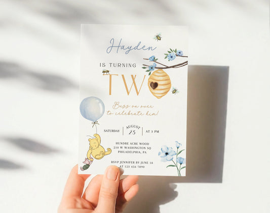 2nd birthday, teddy bear, wildflower and floral birthday invite for a personalized celebration