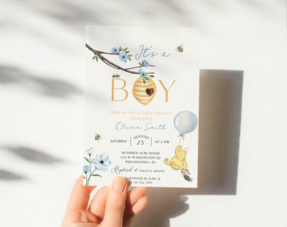 teddy bear, blue and boho baby shower invite for a personalized celebration