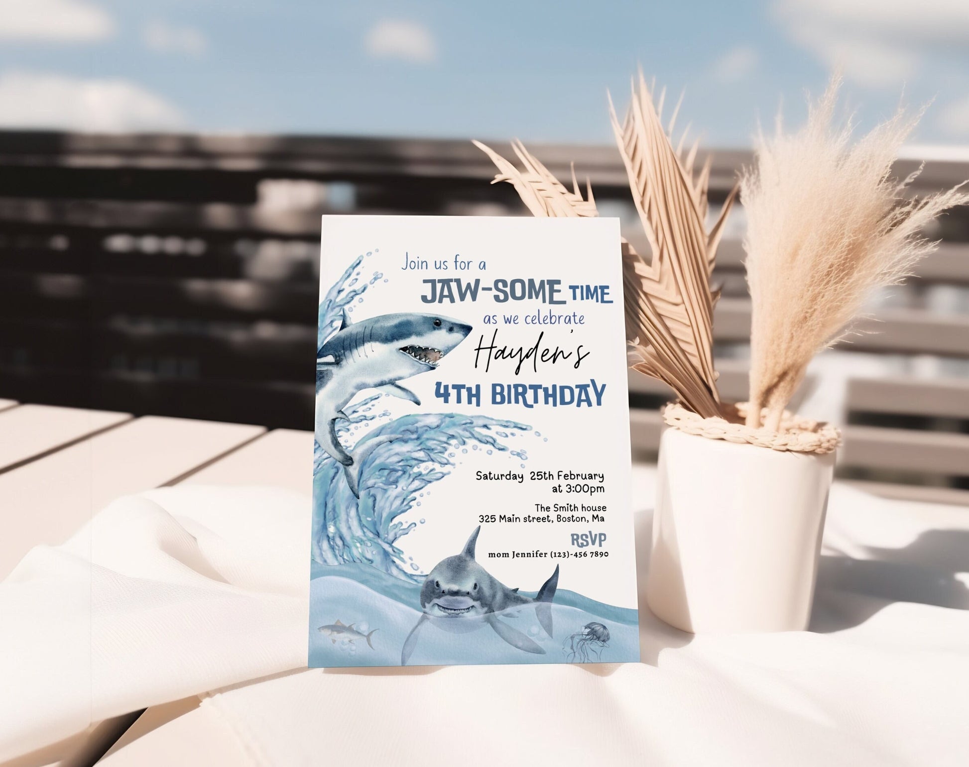 Shark Birthday Boy Invitation for birthday boy guests and party details
