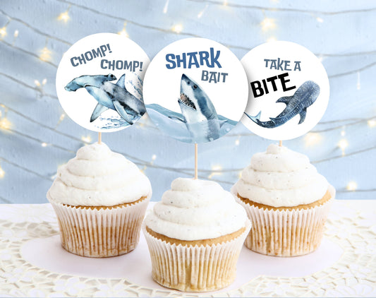 great white shark and deep blue sea birthday boy cupcake topper template for printable decor