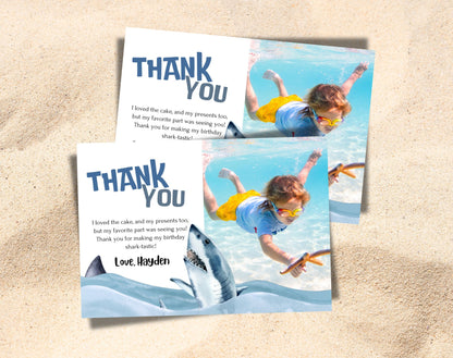Shark birthday thank you photo card with great white shark