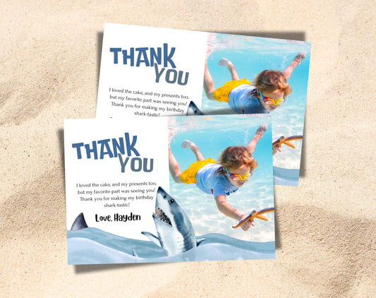 Shark birthday thank you photo card with great white shark