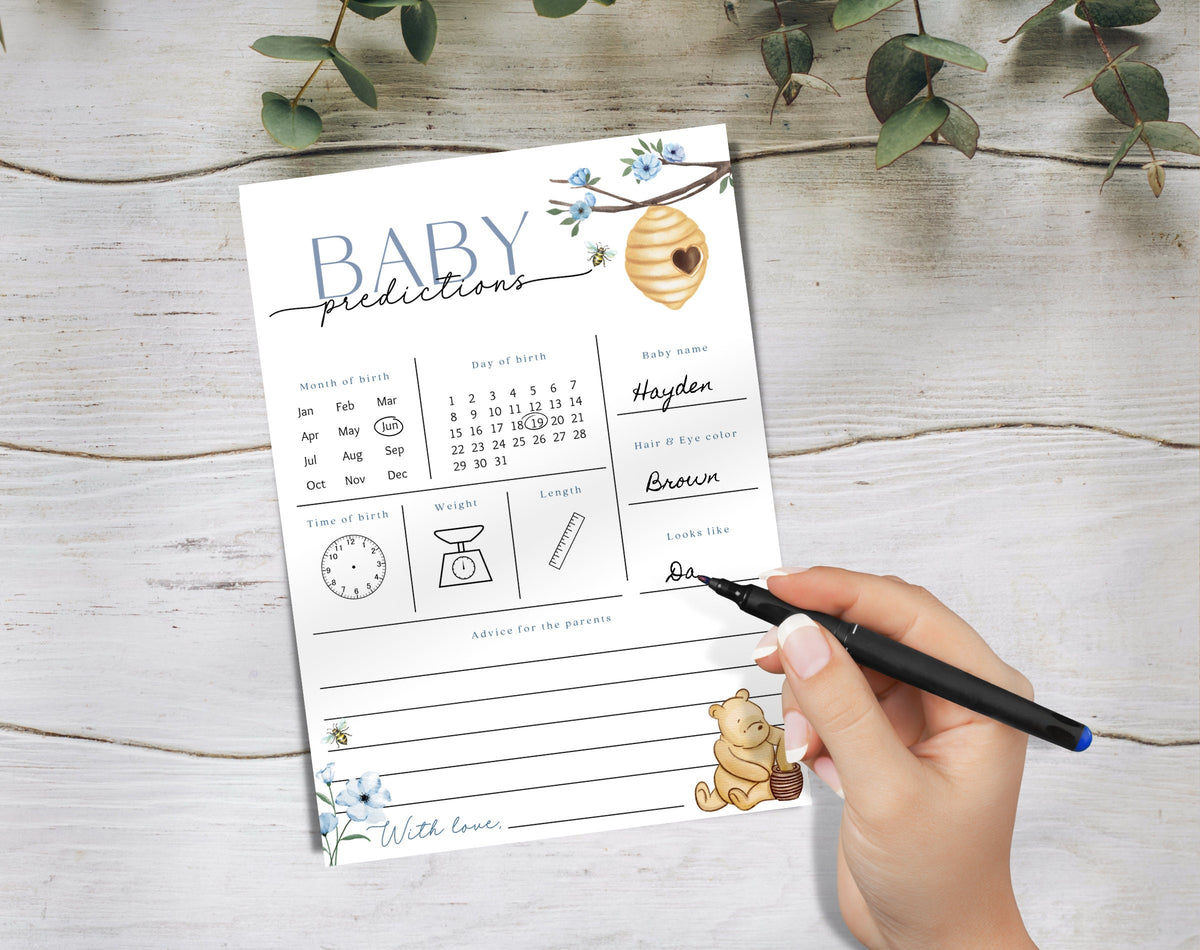 teddy bear, floral and vintage baby predictions card template for a personalized baby shower