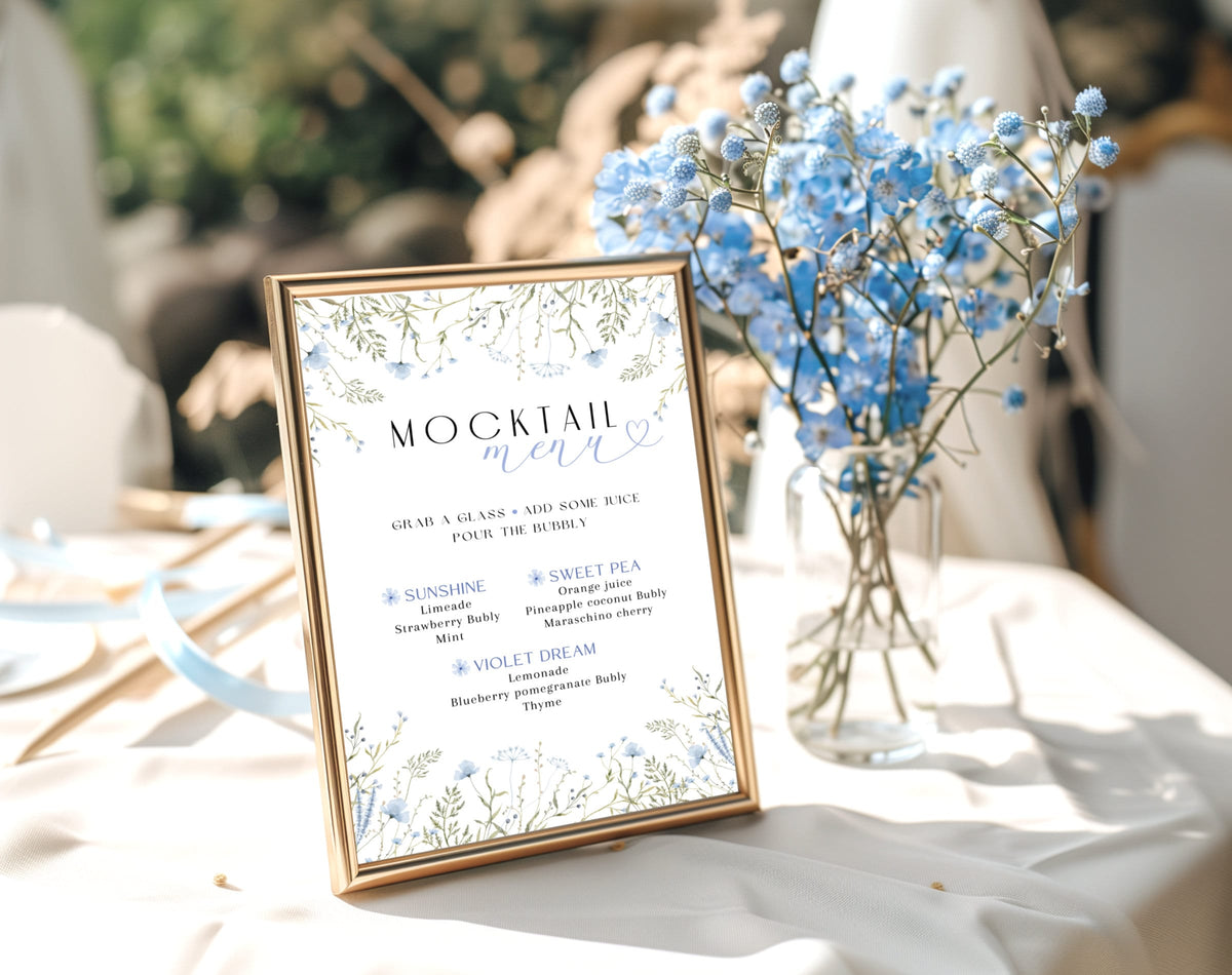 wildflower, floral and blue baby shower menu template for printable table decor