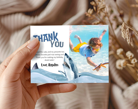 Shark birthday thank you photo card with great white shark editable Canva template
