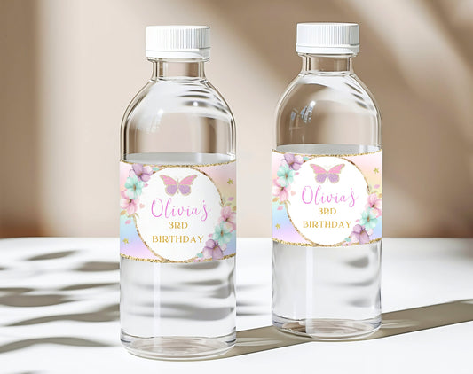 floral and pink butterfly bottle label template for a personalized birthday
