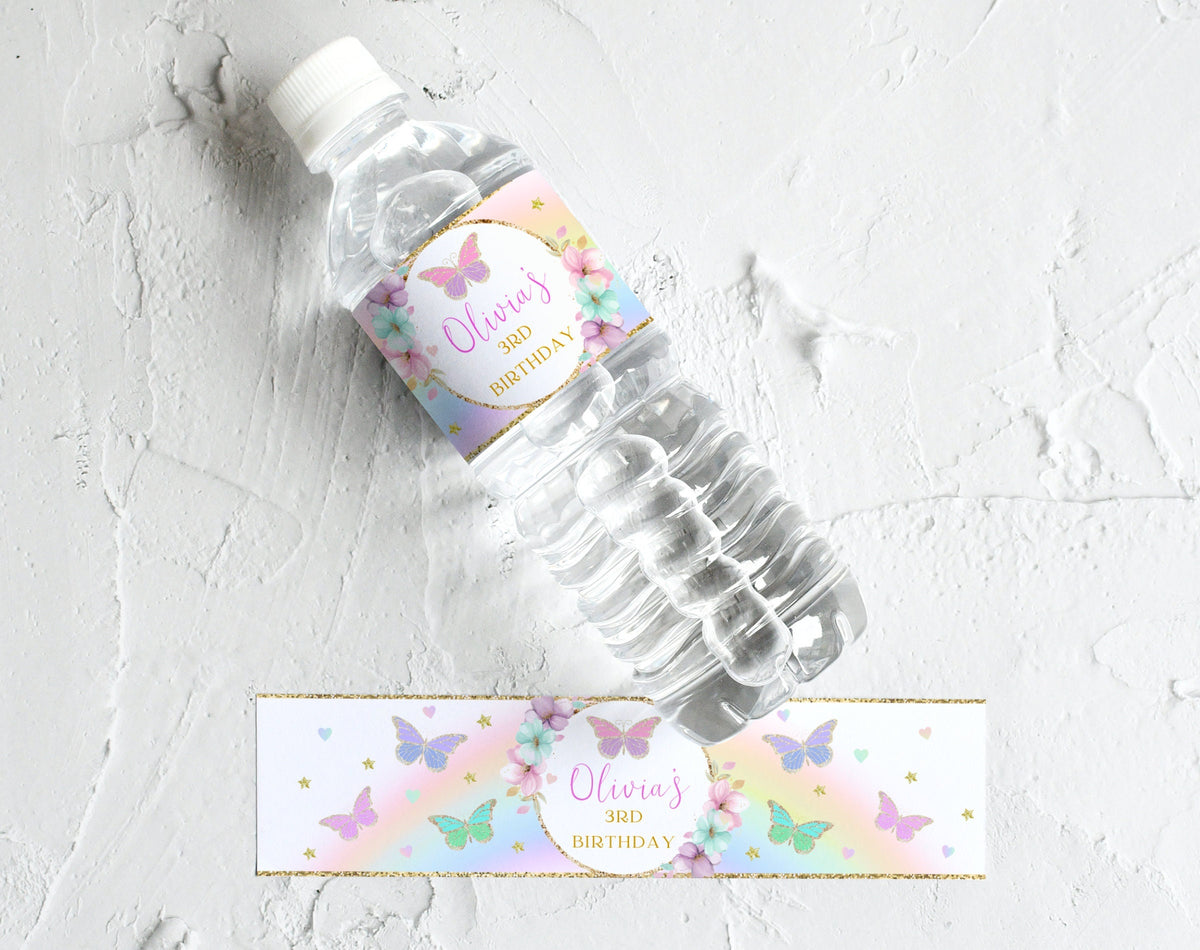 Butterfly Birthday Bottle Label for birthday party decor and supplies