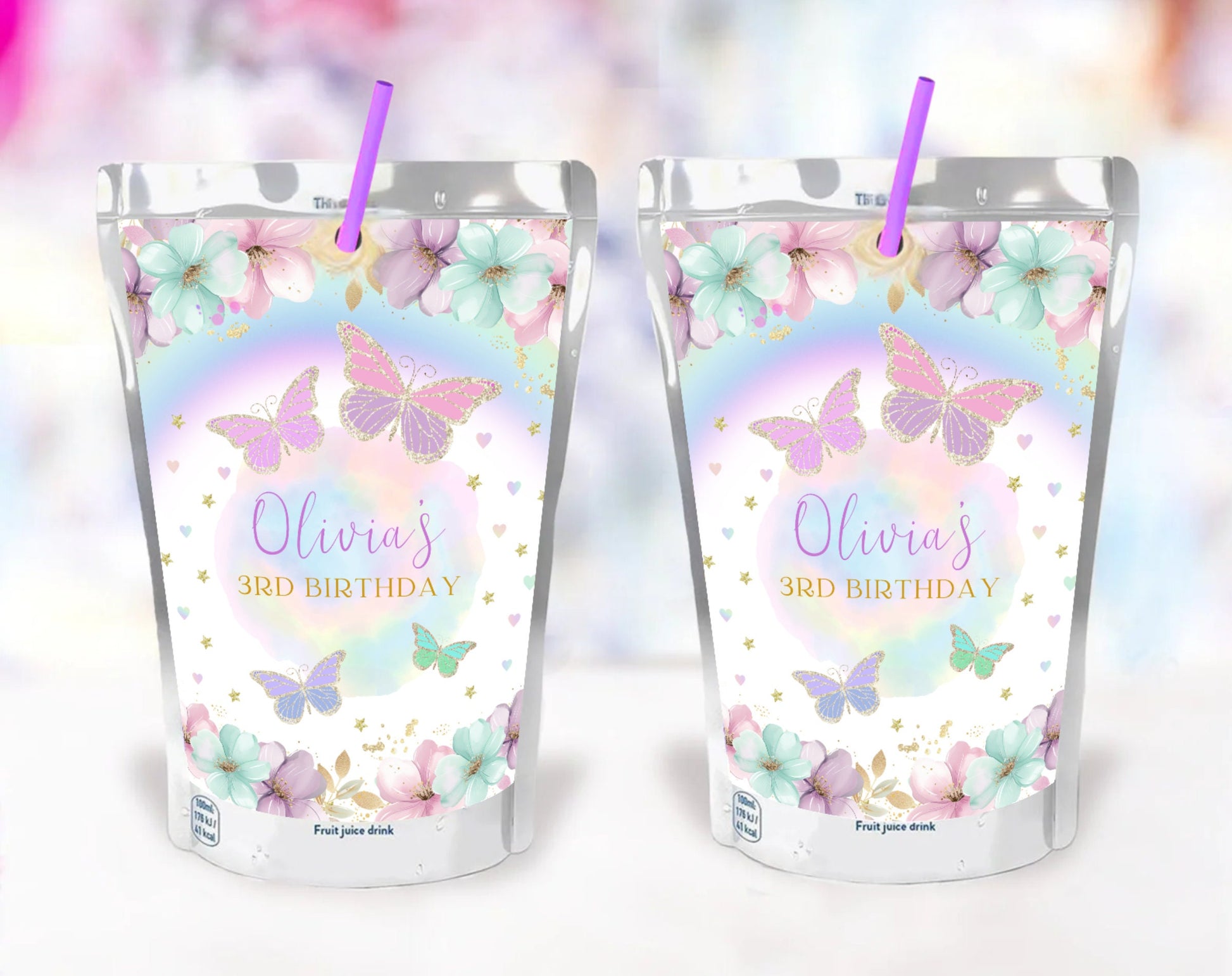 floral, pink and pink butterfly juice pouch label template for a personalized birthday