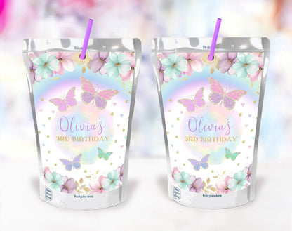 floral, pink and pink butterfly juice pouch label template for a personalized birthday